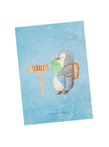 Mr. & Mrs. Panda Postkarte Pinguin Schultüte ohne Spruch in Eisblau