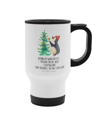 Mr. & Mrs. Panda Thermobecher Pinguin Weihnachtsbaum mit Spruch in Weiß