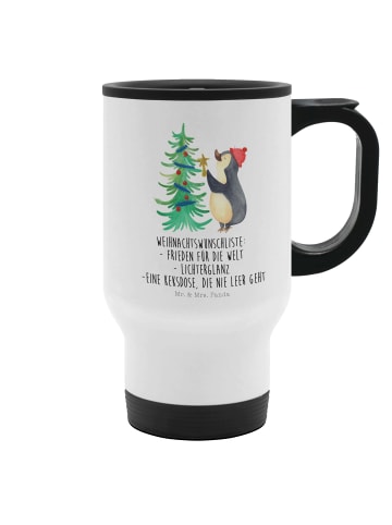 Mr. & Mrs. Panda Travel Mug Pinguin Weihnachtsbaum mit Spruch in Weiß