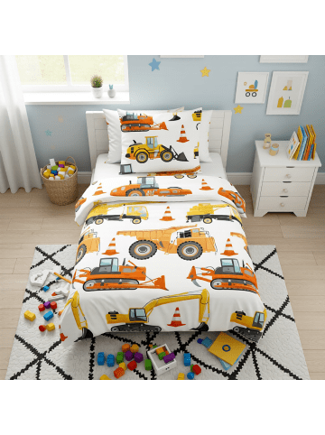 Good Morning Renforcé Bettwäsche - Working - Baustellenfahrzeuge in weiß