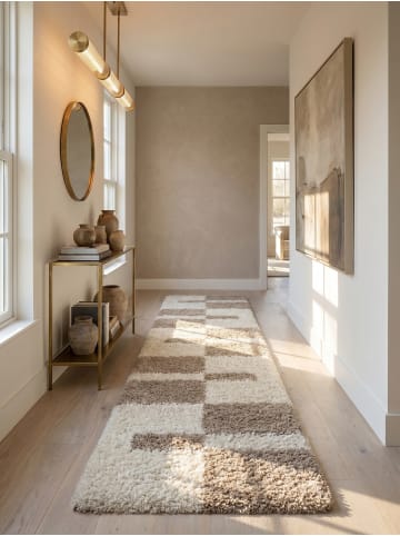 KADIMA DESIGN Teppich Hochflor Shaggy Waschbar Karo WERFEN Strapazierfähig in Beige