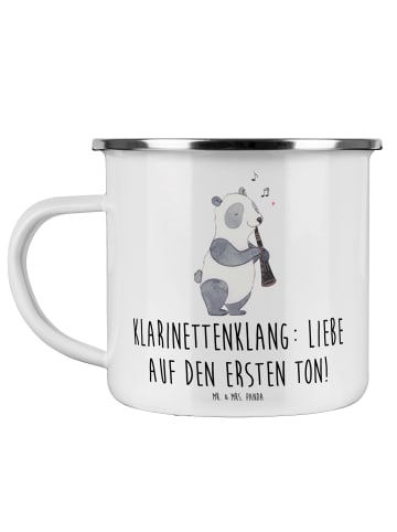 Mr. & Mrs. Panda Camping Emaille Tasse Klarinette Liebe  mit Spruch in Weiß