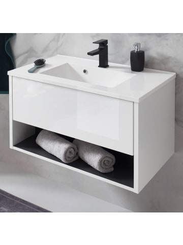 Furn.Design Waschbeckenunterschrank weiß Hochglanz 80 cm hängend, Waschtisch mit Waschbecken