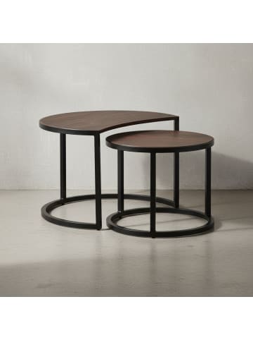 KADIMA DESIGN Wohnzimmertisch Set | Mango-Holz, Rund, Schwarze Metallbeine, 2-teilig in Braun