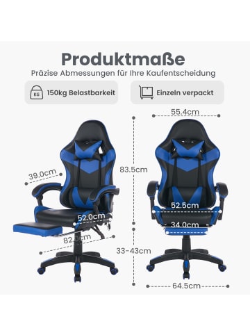ABRIHOME Gaming Stuhl in Blau mit Fußstütze Kopfstütze Lendenstütze