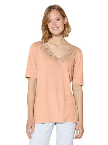 MADELEINE Kurzarm Leinen-Shirt mit Spitzenbesatz in pfirsich