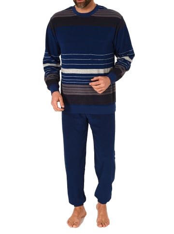 NORMANN Frottee Schlafanzug Pyjama langarm Bündchen StreifenLook - 75430 in blau