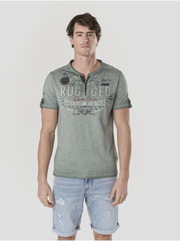 KOROSHI Henley cotton print-emb washed t-shirt in khaki