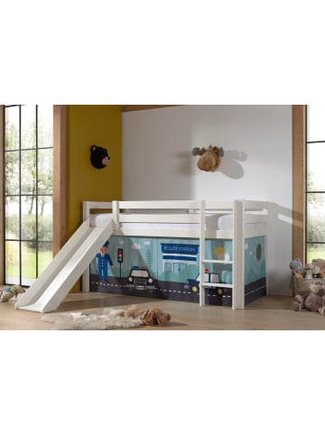 58 aufm Kessel KINDERBETT mit Rutsche Karolina Massivholz Weiß Textilset Polizei