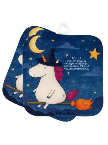 Mr. & Mrs. Panda 2er Set Topflappen  Einhorn Hexe Design mit Spruch in Weiß