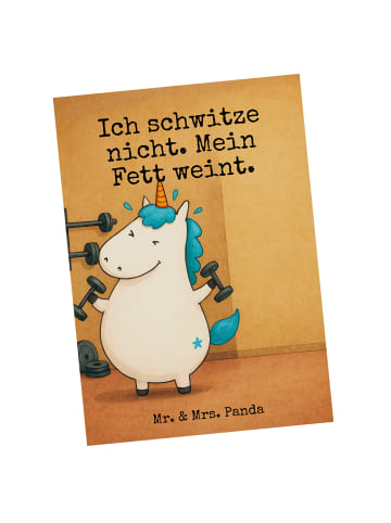 Mr. & Mrs. Panda Ansichtskarte Einhorn Fitness Design mit Spruch in Weiß