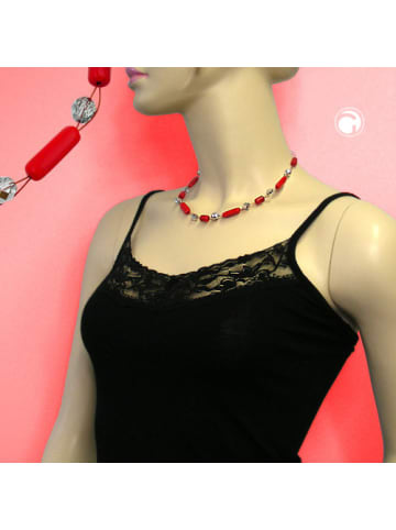 Gallay Kette Drahtkette mit Glasperlen Walze rot und kristall silber-verspiegelt 45cm in rot