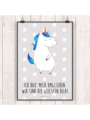 Mr. & Mrs. Panda Poster Einhorn Mann mit Spruch in Grau Pastell