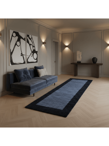 KADIMA DESIGN Teppich Hochflor Shaggy Waschbar Bordüre RHEIN Strapazierfähig in Marineblau