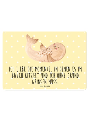 Mr. & Mrs. Panda Schild Robbe Liegen mit Spruch in Gelb Pastell