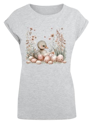 F4NT4STIC Extended Shoulder T-Shirt Ente Ostereier Blumen Küken in grau meliert