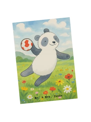 Mr. & Mrs. Panda Postkarte Panda Handball spielen Design ohne Sp... in Weiß