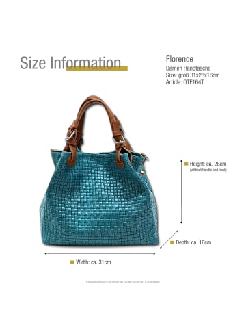 Florence Leder Handtasche, Umhängetasche Florence Tasche türkis, braun ca. 31cm