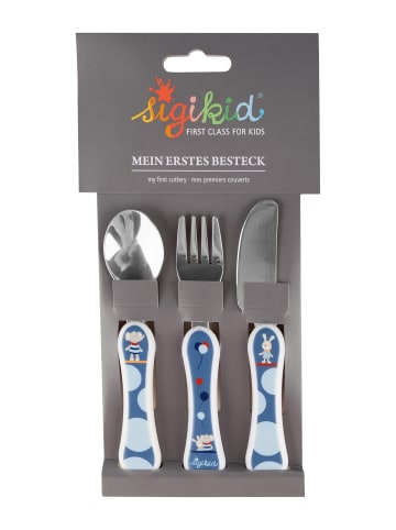 Sigikid 3 tgl.. Besteck-Set: Löffel, Gabel, Messer Elefant Lolo Lombardo in blau
