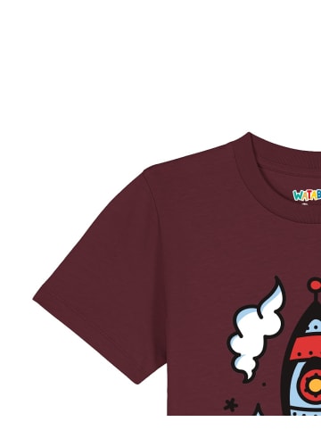 wat? Apparel T-Shirt Illustration Rakete in Weinrot
