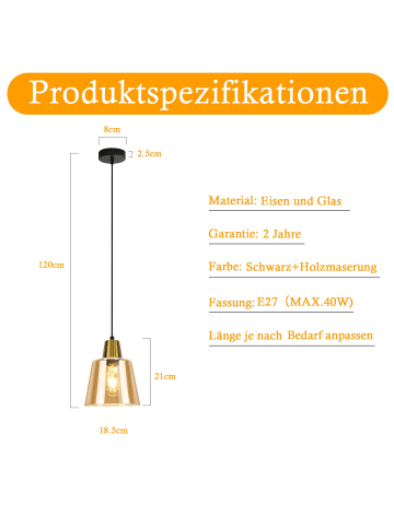 ZMH Pendelleuchte in gold 1-flammige E27 Glas Vintage