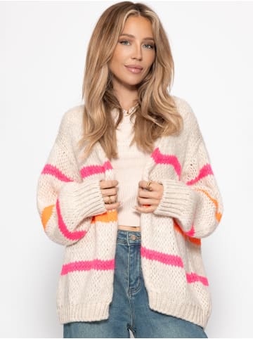 SASSYCLASSY Oversize Cardigan mit weißen Streifen in Offwhite, Pink