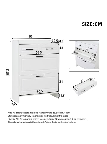 ABRIHOME Schuhschrank mit 4 Fächern und 1 Schublade in Weiß