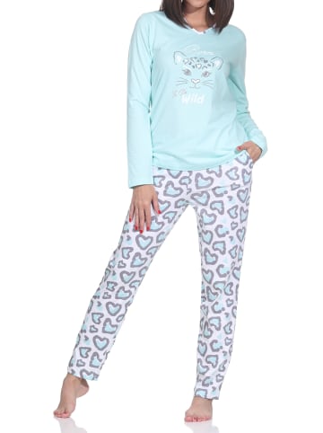 NORMANN Langarm Pyjama Schlafanzug Hose Animalprint Übergrößen in türkis