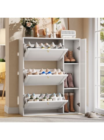 ABRIHOME Schuhschrank in Weiß mit 3 Klappen 90x25x114 cm
