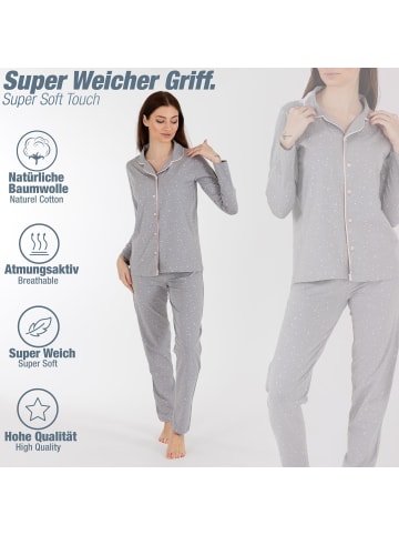 LOREZA Schlafanzug Pyjama langarm- Sterne - Grau