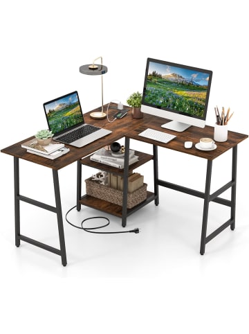 COSTWAY Schreibtisch L-Form mit Steckdosen & USB-Anschlüssen 120cm in Braun