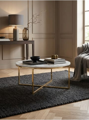 KADIMA DESIGN Runder Couchtisch in Marmor-Optik, 80 cm Durchmesser, Hochglanz in Weiß