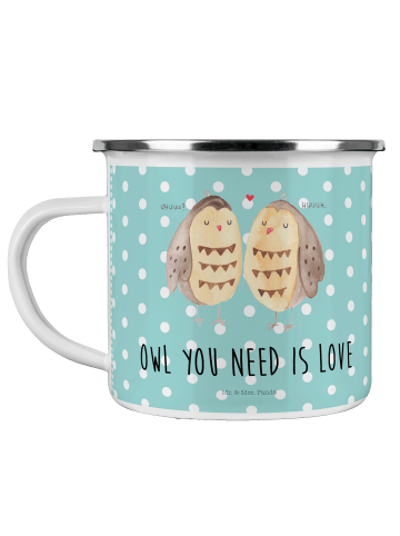 Mr. & Mrs. Panda Emaille Becher Eulen Liebe mit Spruch in Türkis Pastell