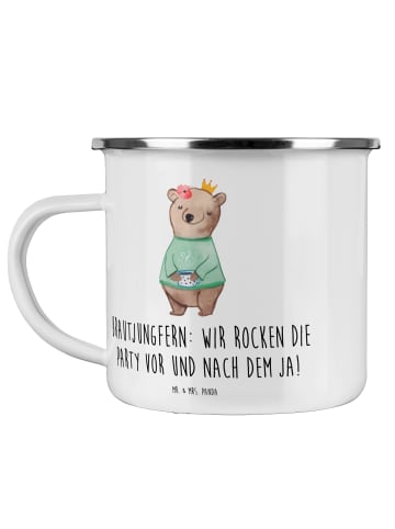 Mr. & Mrs. Panda Camping Emaille Tasse Brautjungfern Party mit S... in Weiß