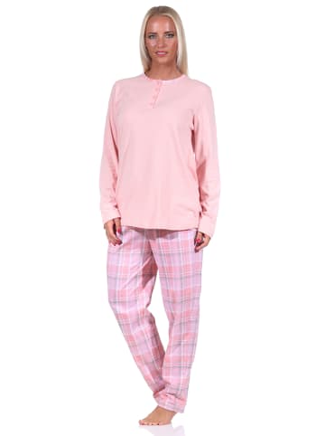 NORMANN Pyjama langarm Schlafanzug Karohose und Knopfleiste am Hals in rosa