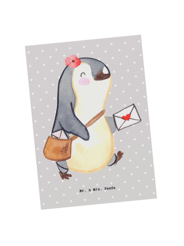Mr. & Mrs. Panda Postkarte Postbotin Herz ohne Spruch in Grau Pastell