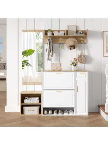 ABRIHOME Garderoben Set in Weiß 4-tlg mit Schuhschrank Sitzbank Spiegel 139,5x35x166 cm