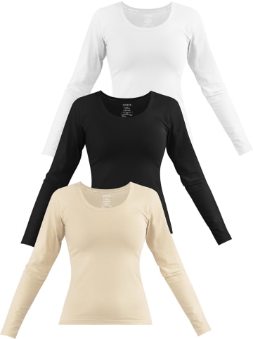 Janice 3 x Damen Langarmshirt Nimes in Beige/Schwarz/Weiß
