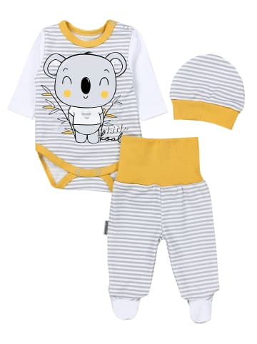 TupTam Baby Bekleidungsset Langarmbody Hose Mütze3 teilig in grau/gelb