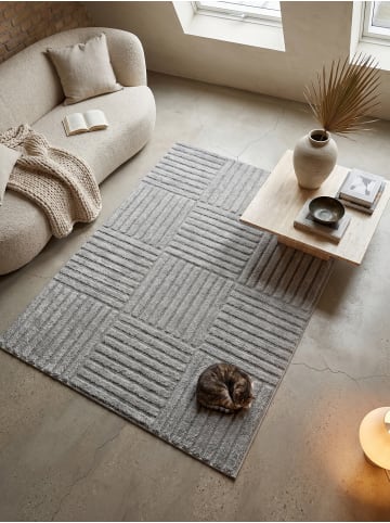KADIMA DESIGN Hochflorteppich 3D Bögen Boho Waschbar Wohnzimmer in Silber