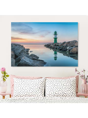 WALLART Leinwandbild - Sunset at the Lighthouse in Blau