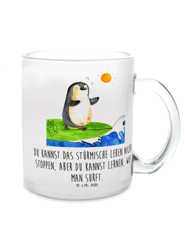 Mr. & Mrs. Panda Tasse Pinguin Surfer mit Spruch in Transparent