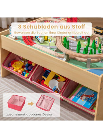 COSTWAY Holzeisenbahn 92 tlg. Set mit Tisch & faltbarem Ablagekorb in Hellbraun