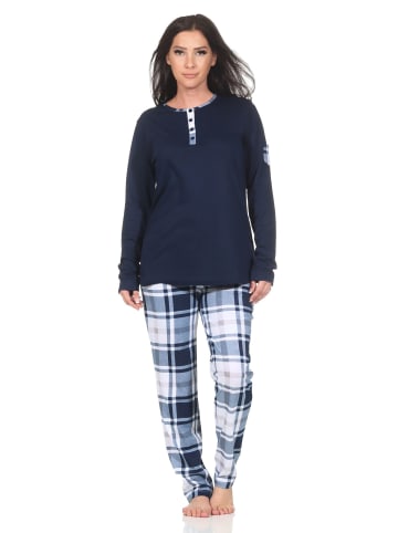 NORMANN Schlafanzug langarm Pyjama karierter Hose Jersey - 87034 in marine