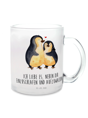 Mr. & Mrs. Panda Teetasse Glas Pinguine Einschlafen mit Spruch in Transparent