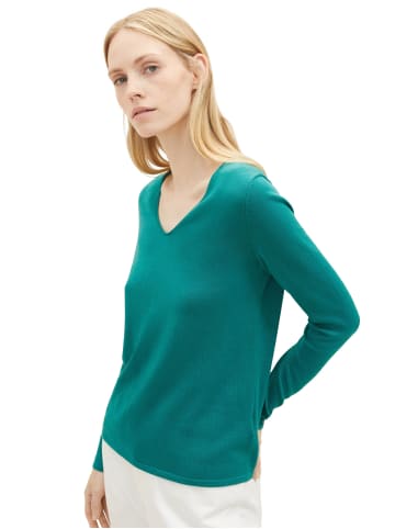 Tom Tailor Dünner Strickpullover Basic V-Ausschnitt Stretch Sweater in Grün