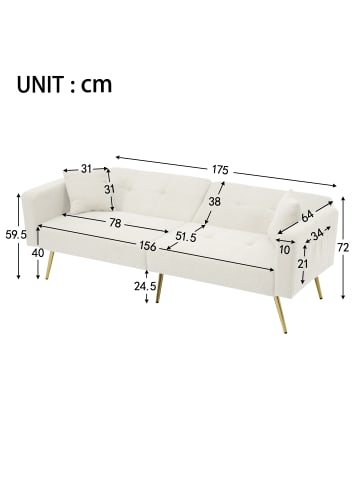 ABRIHOME 2 Sitzer Sofa in Weiß mit Bettfunktion goldenen Beinen und Seitentaschen  