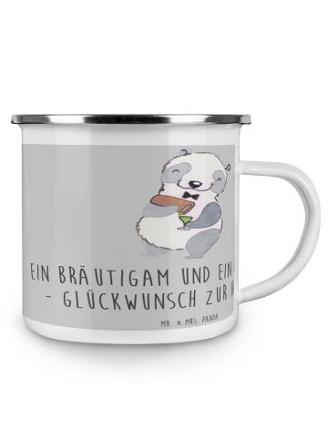 Mr. & Mrs. Panda Camping Emaille Tasse Bräutigam Gentleman mit S... in Heather Grey