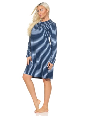 NORMANN Interlock Nachthemd langarm Bündchen Streifenoptik - 87739 in marine