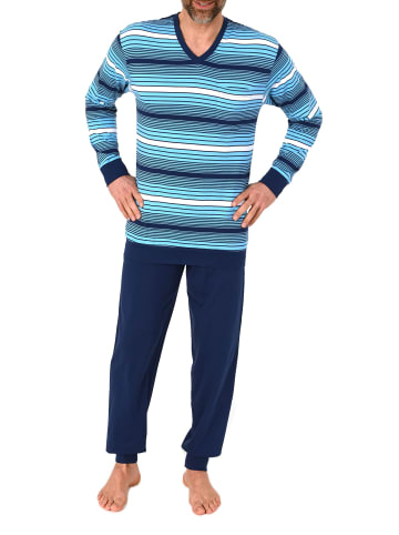 NORMANN Langarm Schlafanzug Pyjama Bündchen Streifen auch in Übergröße in marine
